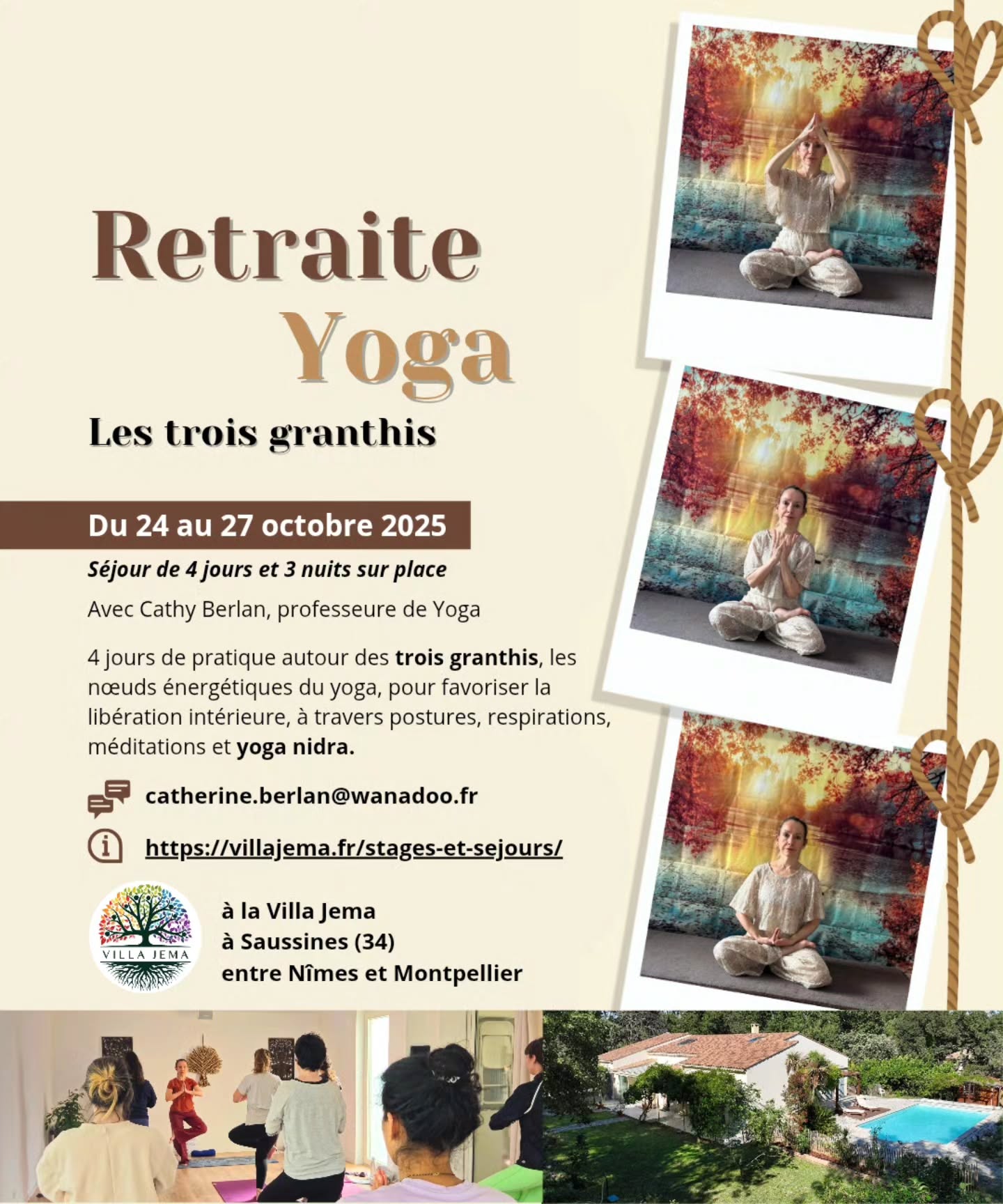 🪷 Retraite Yoga – Les trois granthis : liberté ou asservissement
📅 Du 24 au 27 octobre 2025
📍 Villa Jema, Saussines (entre Montpellier et Nîmes)
⚠️Il ne reste que 3 places.
Offrez-vous une parenthèse de transformation intérieure, un temps suspendu pour explorer les trois granthis, ces nœuds subtils qui tissent le destin humain.
Selon la tradition du yoga, ils sont présents en chacun de nous :
🌺 Muladhara, le nœud de l’animalité, à la base
💚 Anahatha, le nœud de la personnalité et de l’égo, au cœur
💫 Ajna, le nœud du mental et de la raison, au front
Ces trois centres symbolisent les attachements et conditionnements qui nous relient à nos instincts, à notre psyché et à notre intellect. Tant qu’ils restent noués, l’énergie circule difficilement ; les défaire, c’est retrouver la liberté intérieure et accéder à un état d’unité profonde.
Pendant quatre jours, Catherine Berlan (@shaktietmoiyoga) vous guidera à travers des pratiques de postures, souffles, mudras, méditations et yoga nidra, pour dénouer ces tensions inscrites dans le corps et l’esprit, et laisser émerger une énergie plus fluide, vivante et consciente.
🔥 La retraite se déroulera à la Villa Jema, un lieu paisible au cœur de la nature, avec cuisine végétarienne locale, feu de bois et atmosphère automnale propice à l’introspection.
🧘♀️ “Dénouer les granthis, c’est apprendre à se libérer de ce qui limite notre essence.”
📩 Infos et réservations :
👉 Catherine Berlan – catherine.berlan@wanadoo.fr
💶 Tarif : 450 € en pension complète
#villajema #retraiteyoga #nathayoga #bienetre #spiritualité #yoganature #developpementpersonnel #yogavie #yogameditation #saussines #yogapractice #yogatradition #weekendyoga #shaktietmoiyoga #montpellieryoga #granthi #yogaphilosophy