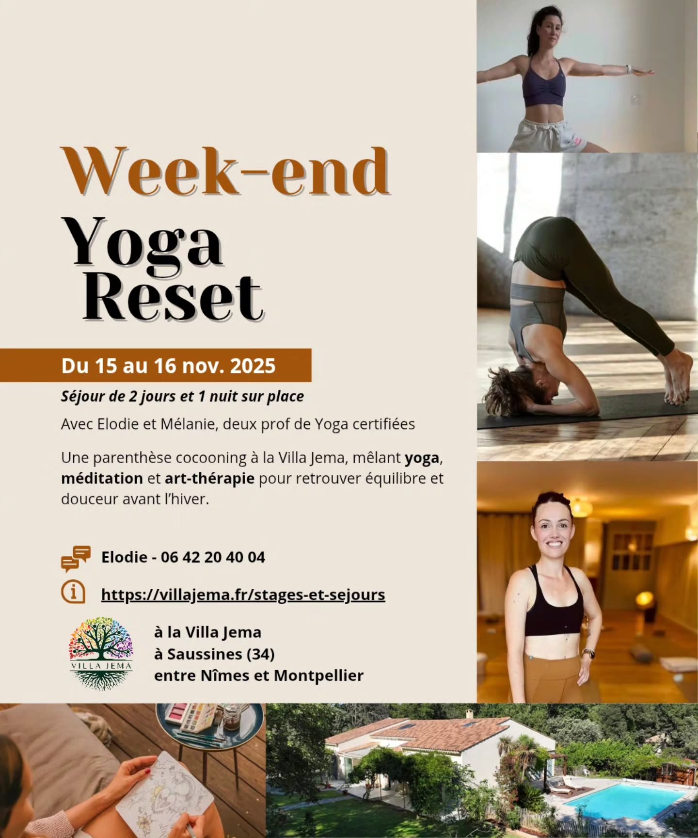 🕯️ RESET – Retraite Yoga Dynamisme & Cocooning
📅 15 & 16 novembre à la Villa Jema
Besoin d’une vraie pause avant l’hiver ?
Offre-toi un week-end hors du temps dans un lieu intime, entre mouvement, douceur et reconnexion. 🌿
✨ Au programme :
☀️ Yoga (vinyasa & hatha) – 2 pratiques par jour
🎨 Art-thérapie & méditations guidées
🔥 Cérémonie du feu & instants sucrés
🛏️ Hébergement cocooning + repas sains et gourmands
🤸♀️ Atelier inversions (tous niveaux)
Un petit groupe, une ambiance bienveillante, un moment pour toi.
📩 Infos & réservations
Il ne reste plus qu'une place ! ⚠️
Elodie @comeandbloome – elodie@comeandbloome.fr
#villajema #retraiteyoga #weekendyoga #yogafrance #yogasudfrance #yogavinyasa #yogahatha #retraitebienetre #yogadujour #yogainspiration #yogajourney #arttherapie #ceremoniedufeu #momentpoursoi #pauseavantlhiver #yogatrip #bienetreholistique #reconnexionasoi #yogavacances #suddelafrance