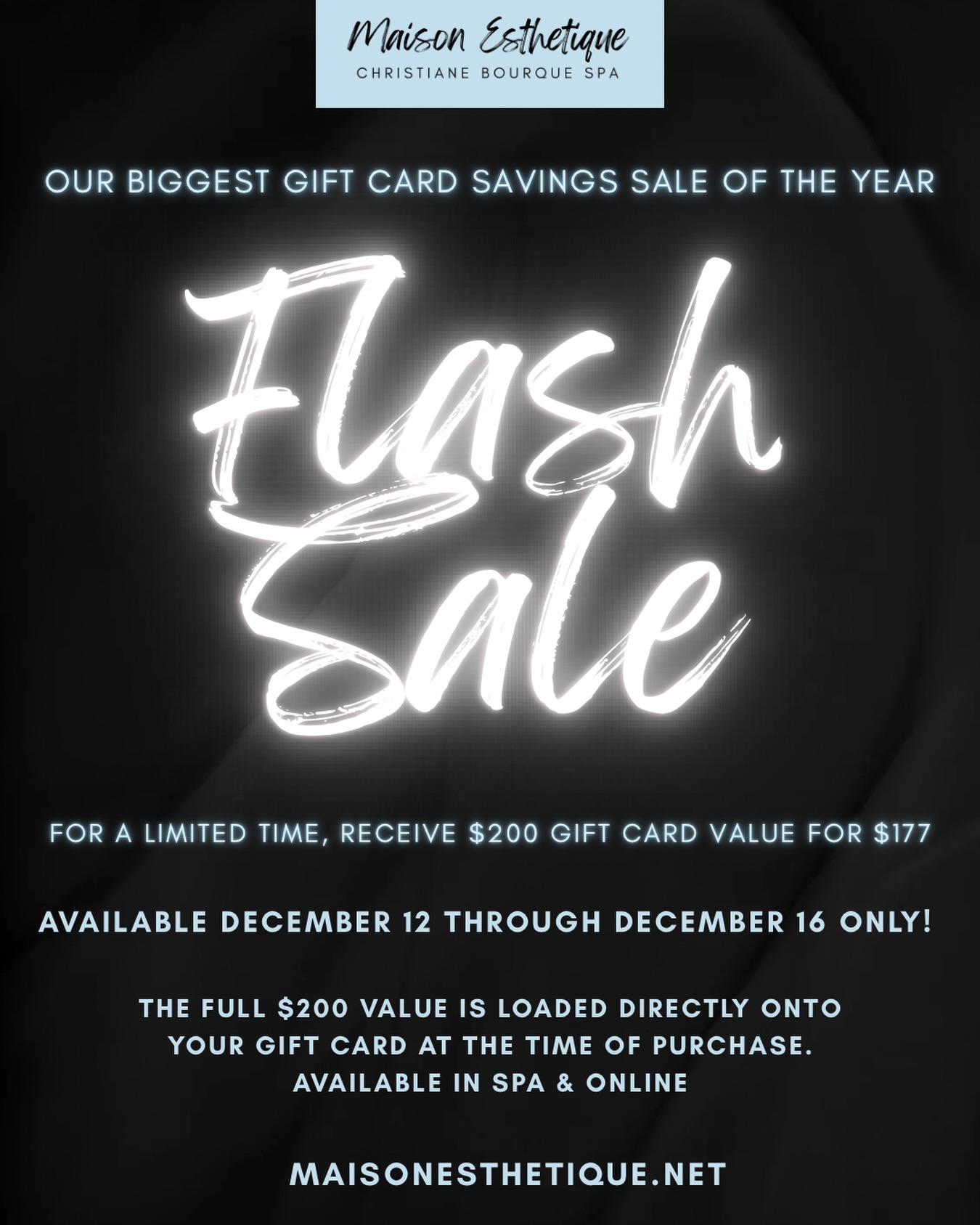 Our biggest gift card savings event of the year is here ✨
For a limited time, receive $200 in Maison Esthétique Spa gift card value for $177.
The full $200 value is loaded directly onto your gift card at the time of purchase.
Available December 12 through December 16 only.
Perfect for holiday gifting or future self care.
Available in spa and online at maisonesthetique.net
#maisonesthetiquespa
#northshoremass
#northshorema
#danversma
#luxuryspa
#dayspamassachusetts
#spaday
#holidaygifts
#giftcardseason
#holidayflashsale
#selfcaregift
#spaexperience
#treatyourself
#shoplocalma
