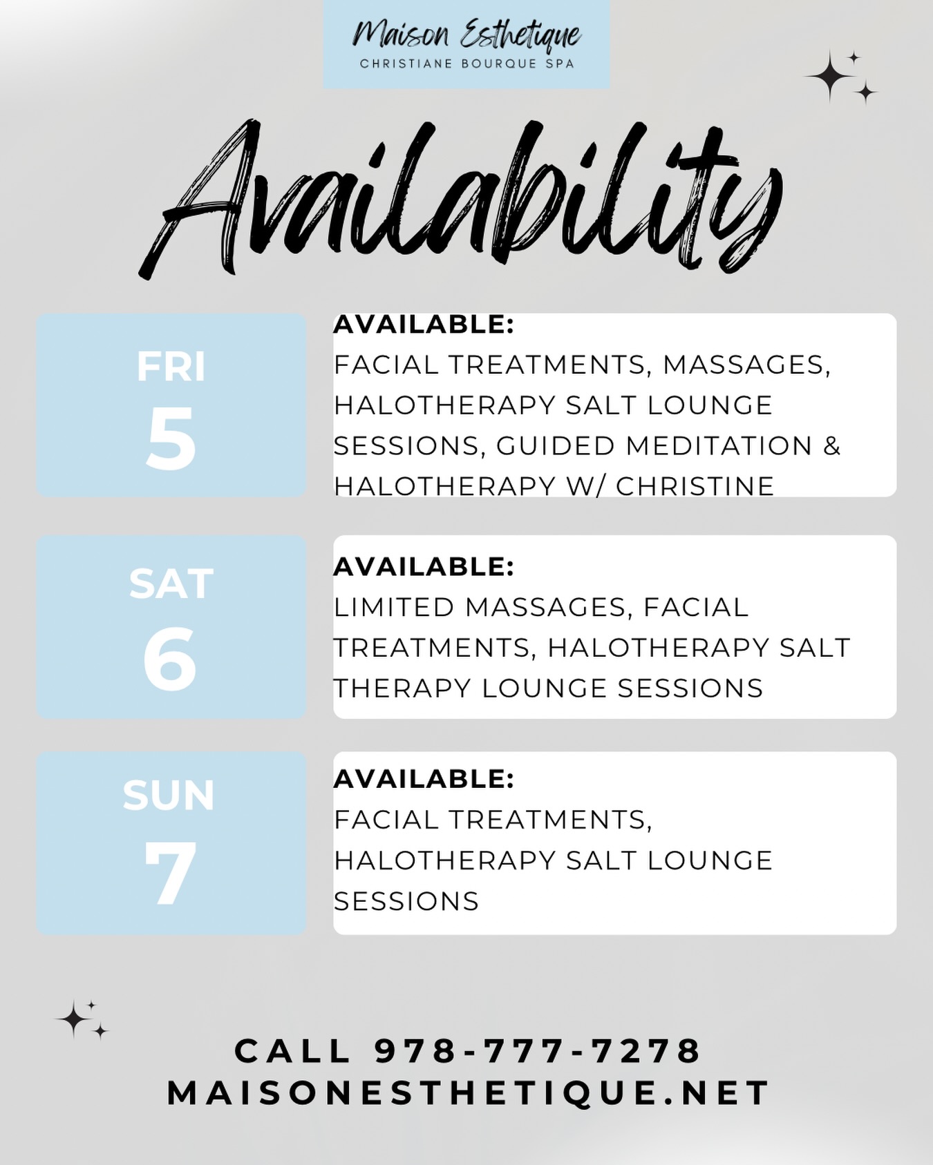 Step into serenity this weekend at Maison Esthétique. Our treatment rooms and Salt Lounge have a few openings and we would love to care for you. Restore your glow with a facial treatment, melt tension with a massage, or unwind in our Halotherapy Salt Lounge for deep relaxation and respiratory support. Christine is also offering guided meditation sessions on Friday which fill quickly.
Call 978 777 7278 or visit maisonesthetique.net to reserve your moment of calm.
#MaisonEsthetique #NorthShoreSpa #DanversMA #SpaDayMA #MassachusettsSpa #FacialTreatments #MassageTherapyMA #Halotherapy #SaltLounge #WellnessJourney #SelfCareMA #RelaxRestoreRenew #HydratedSkin #GlowFromWithin #MindBodySpirit